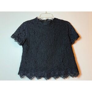 Adiva Black Floral Lace Short Sleeve Mock Neck Blouse Top Back Zip Womens Medium